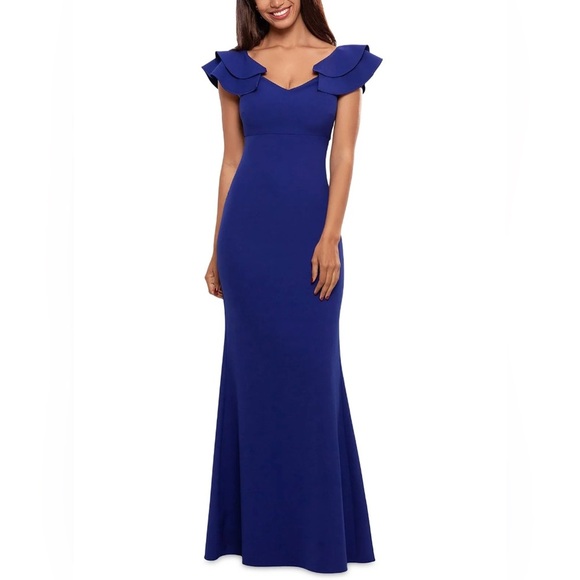 Betsy & Adam Cobalt Blue Evening Gown Maxi Dress Mermaid Ruffle Wedding Prom 4 - Picture 2 of 8
